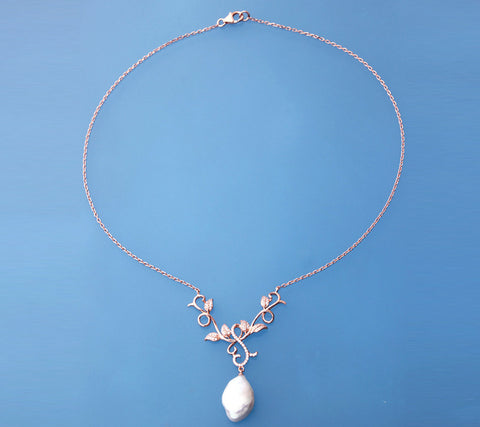 Rose Gold Plated Silver Pendant with 12-13mm Baroque Shape Freshwater Pearl and Cubic Zirconia