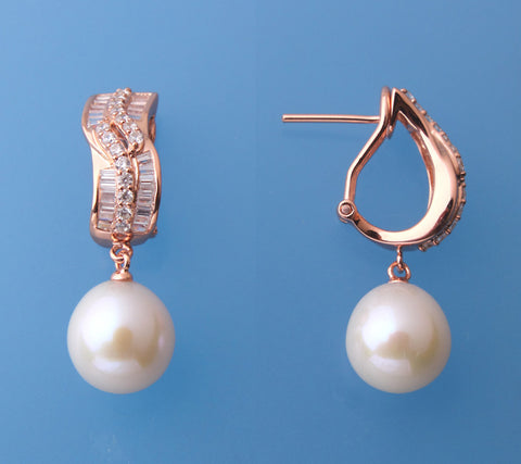 Rose Gold Plated Silver Earrings with 10.5-11mm Drop Shape Freshwater Pearl and Cubic Zirconia