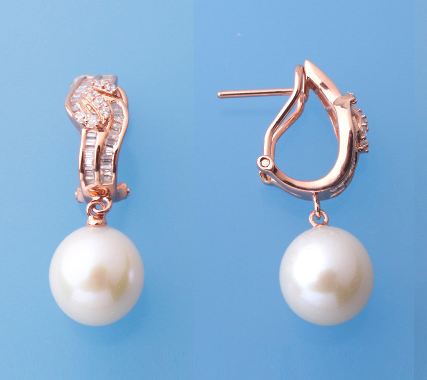 Rose Gold Plated Silver Earrings with 10.5-11mm Drop Shape Freshwater Pearl and Cubic Zirconia - Wing Wo Hing Jewelry Group - Pearl Jewelry Manufacturer