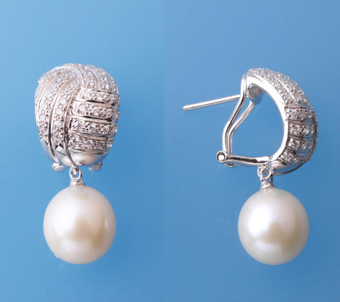 Sterling Silver Earrings with 10.5-11mm Drop Shape Freshwater Pearl and Cubic Zirconia