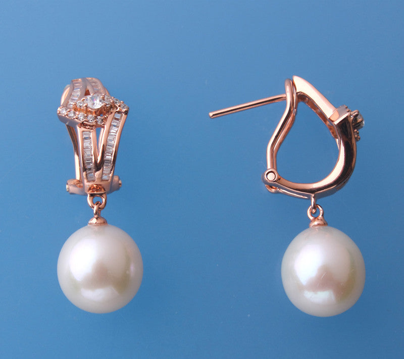 Rose Gold Plated Silver Earrings with 10.5-11mm Drop Shape Freshwater Pearl and Cubic Zirconia - Wing Wo Hing Jewelry Group - Pearl Jewelry Manufacturer