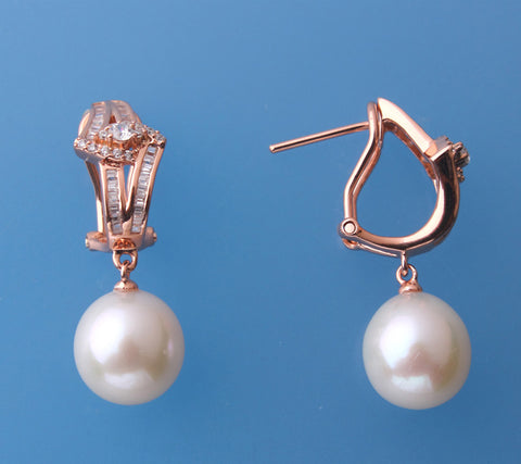 Rose Gold Plated Silver Earrings with 10.5-11mm Drop Shape Freshwater Pearl and Cubic Zirconia