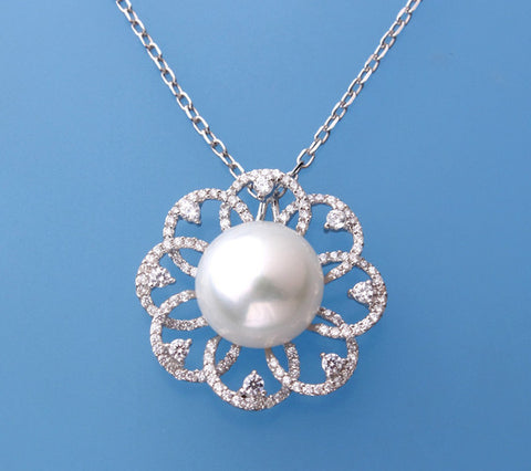 Sterling Silver with 12.5-13mm Button Shape Freshwater Pearl and Cubic Zirconia Pendant