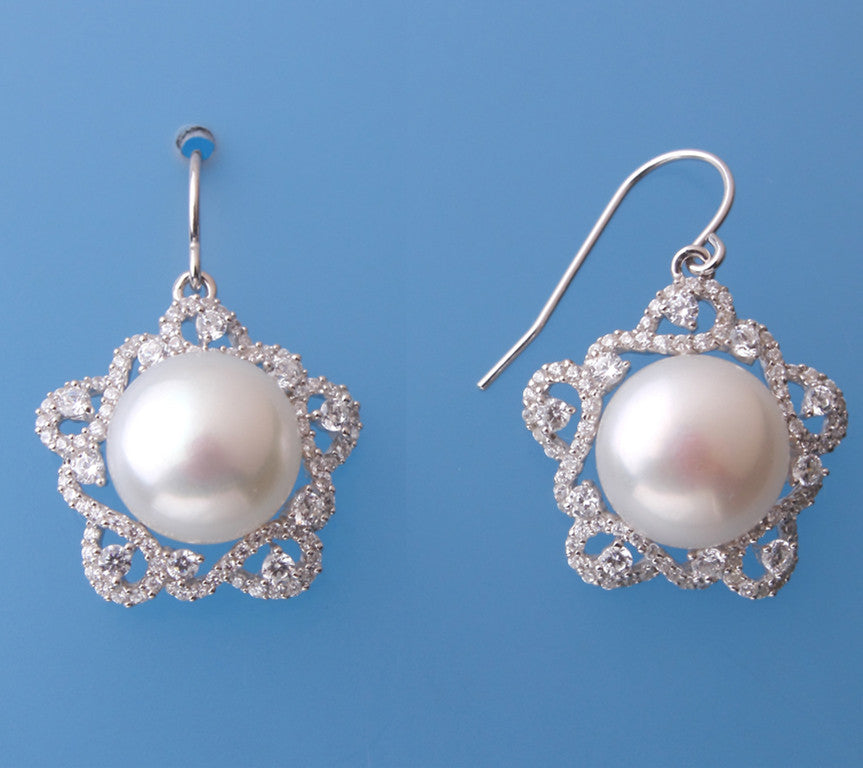 Sterling Silver Earrings with 11.5-12mm Button Shape Freshwater Pearl and Cubic Zirconia - Wing Wo Hing Jewelry Group - Pearl Jewelry Manufacturer