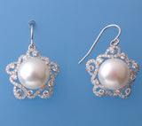 Sterling Silver Earrings with 11.5-12mm Button Shape Freshwater Pearl and Cubic Zirconia - Wing Wo Hing Jewelry Group - Pearl Jewelry Manufacturer