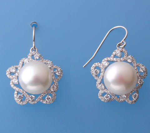 Sterling Silver Earrings with 11.5-12mm Button Shape Freshwater Pearl and Cubic Zirconia