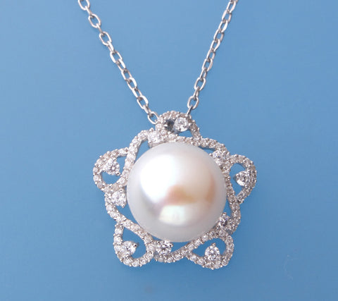 Sterling Silver Pendant with 13-13.5mm Button Shape Freshwater Pearl and Cubic Zirconia