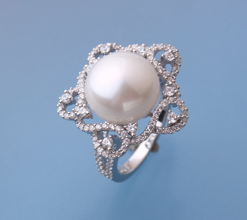 Sterling Silver Ring with 12-12.5mm Button Shape Freshwater Pearl and Cubic Zirconia - Wing Wo Hing Jewelry Group - Pearl Jewelry Manufacturer
