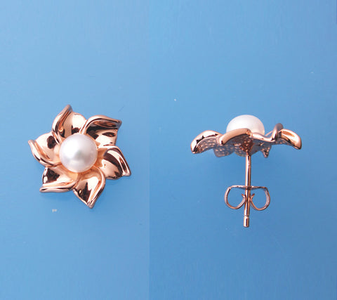 Rose Gold Plated Silver Earrings with 5.5-6mm Button Shape Freshwater Pearl