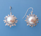Sterling Silver Earrings with 11.5-12mm Button Shape Freshwater Pearl and Cubic Zirconia - Wing Wo Hing Jewelry Group - Pearl Jewelry Manufacturer