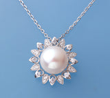 Sterling Silver Pendant with 12.5-13mm Button Shape Freshwater Pearl and Cubic Zirconia - Wing Wo Hing Jewelry Group - Pearl Jewelry Manufacturer