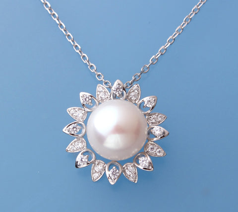 Sterling Silver Pendant with 12.5-13mm Button Shape Freshwater Pearl and Cubic Zirconia