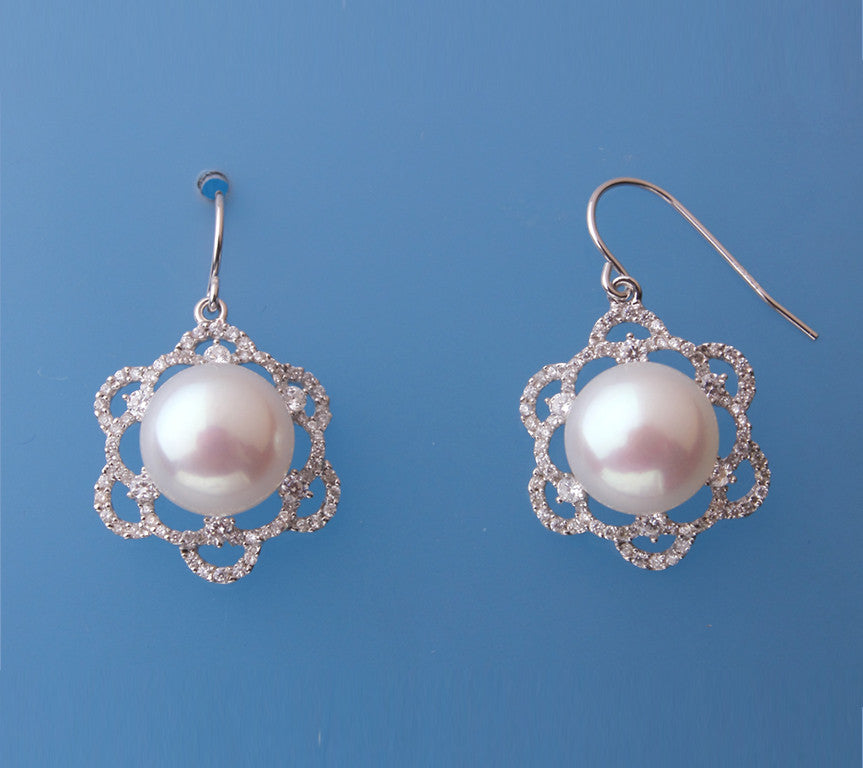 Sterling Silver Earrings with 11-11.5mm Button Shape Freshwater Pearl and Cubic Zirconia - Wing Wo Hing Jewelry Group - Pearl Jewelry Manufacturer