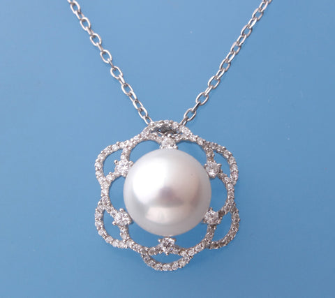 Sterling Silver Pendant with 12-12.5mm Button Shape Freshwater Pearl and Cubic Zirconia