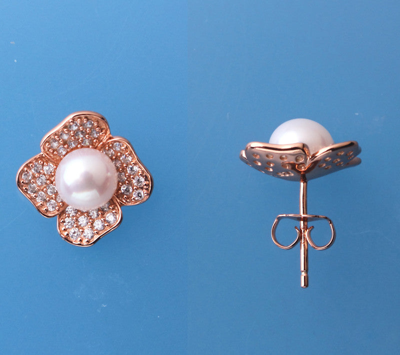 Rose Gold Plated Silver Earrings with 6.5-7mm Button Shape Freshwater Pearl and Cubic Zirconia - Wing Wo Hing Jewelry Group - Pearl Jewelry Manufacturer