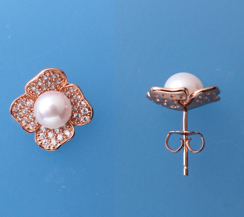 Rose Gold Plated Silver Earrings with 6.5-7mm Button Shape Freshwater Pearl and Cubic Zirconia