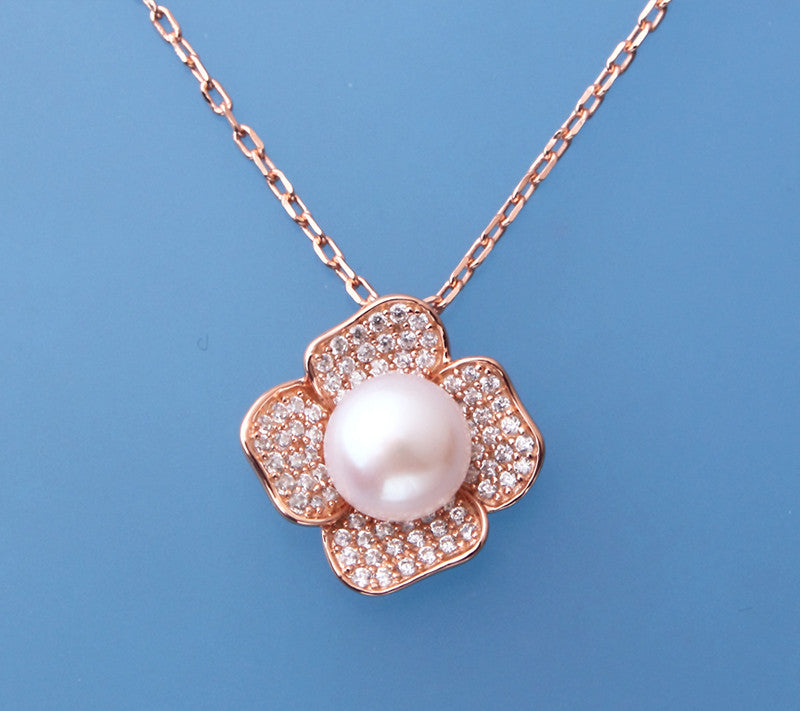 Rose Gold Plated Silver Pendant with 8.5-9mm Button Shape Freshwater Pearl and Cubic Zirconia - Wing Wo Hing Jewelry Group - Pearl Jewelry Manufacturer