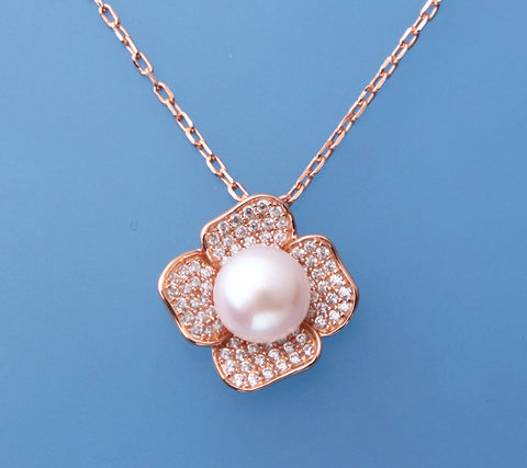 Rose Gold Plated Silver Pendant with 8.5-9mm Button Shape Freshwater Pearl and Cubic Zirconia