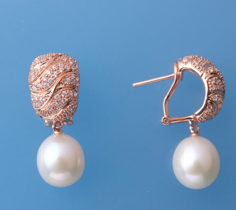 Rose Gold Plated Silver Earrings with 10.5-11mm Drop Shape Freshwater Pearl and Cubic Zirconia