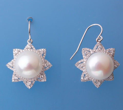 Sterling Silver Earrings with 12-12.5mm Button Shape Freshwater Pearl and Cubic Zirconia