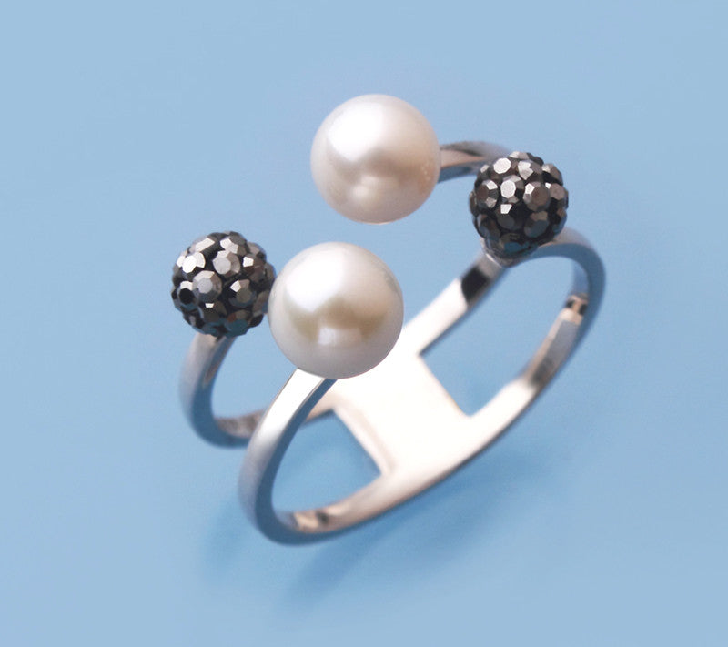 Sterling Silver Ring with 5.5-6mm Round Shape Freshwater Pearl and Crystal Ball - Wing Wo Hing Jewelry Group - Pearl Jewelry Manufacturer