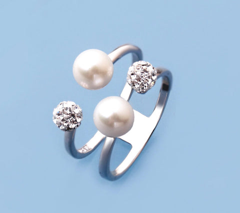 Sterling Silver Ring with 5.5-6mm Round Shape Freshwater Pearl and Crystal Ball