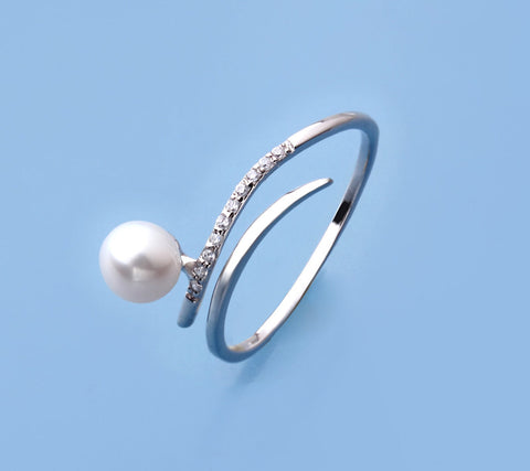 Sterling Silver Ring with 5-5.5mm Round Shape Freshwater Pearl and Cubic Zirconia