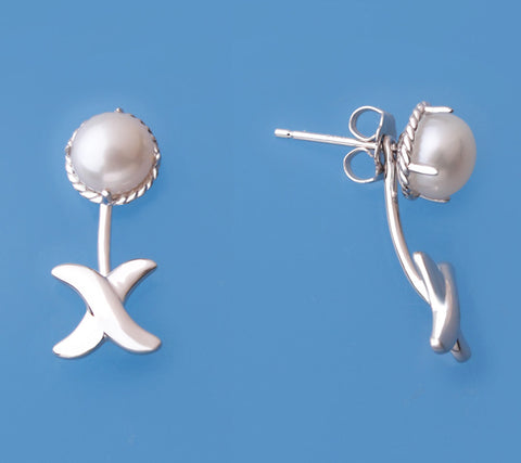 Sterling Silver Earrings with 7-7.5mm Button Shape Freshwater Pearl