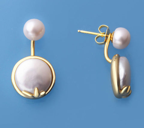 Gold Plated Silver Earrings with Button and Coin Shape Freshwater Pearl