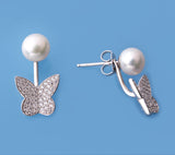 Sterling Silver Earrings with 7-7.5mm Button Shape Freshwater Pearl and Cubic Zirconia - Wing Wo Hing Jewelry Group - Pearl Jewelry Manufacturer