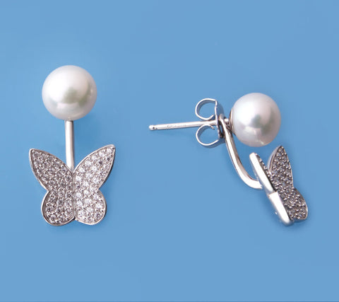 Sterling Silver Earrings with 7-7.5mm Button Shape Freshwater Pearl and Cubic Zirconia