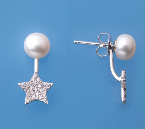 Sterling Silver Earrings with 7-7.5mm Button Shape Freshwater Pearl and Cubic Zirconia