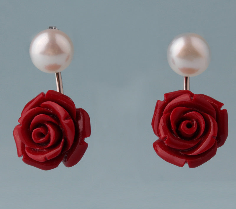 Sterling Silver Earrings with 8.5-9mm Button Shape Freshwater Pearl and Coral Flower - Wing Wo Hing Jewelry Group - Pearl Jewelry Manufacturer