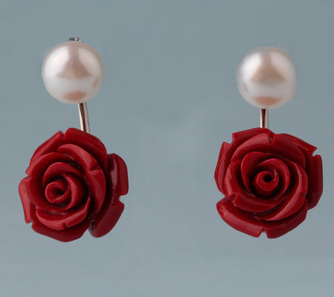 Sterling Silver Earrings with 8.5-9mm Button Shape Freshwater Pearl and Coral Flower
