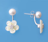 Sterling Silver Earrings with 7-7.5mm Button Shape Freshwater Pearl, Mother of Pearl and Cubic Zirconia - Wing Wo Hing Jewelry Group - Pearl Jewelry Manufacturer