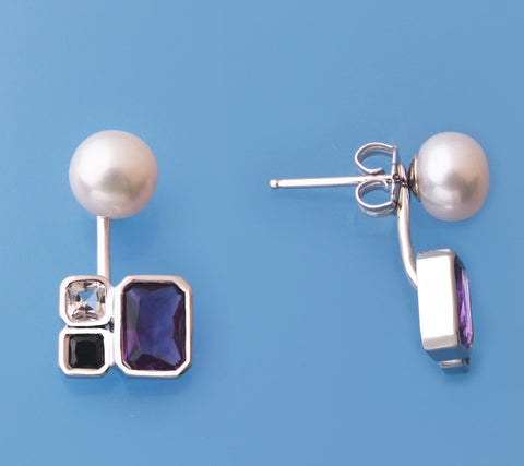 Sterling Silver Earrings with 7-7.5mm Button Shape Freshwater Pearl