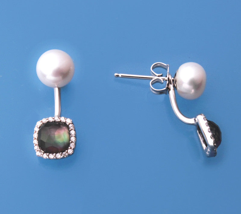Sterling Silver Earrings with 7-7.5mm Button Shape Freshwater Pearl and Mother of Pearl - Wing Wo Hing Jewelry Group - Pearl Jewelry Manufacturer
