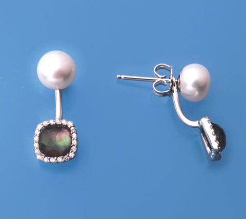 Sterling Silver Earrings with 7-7.5mm Button Shape Freshwater Pearl and Mother of Pearl