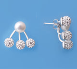 Sterling Silver Earrings Jacket with 7-7.5mm Button Shape Freshwater Pearl and Crystal Ball - Wing Wo Hing Jewelry Group - Pearl Jewelry Manufacturer