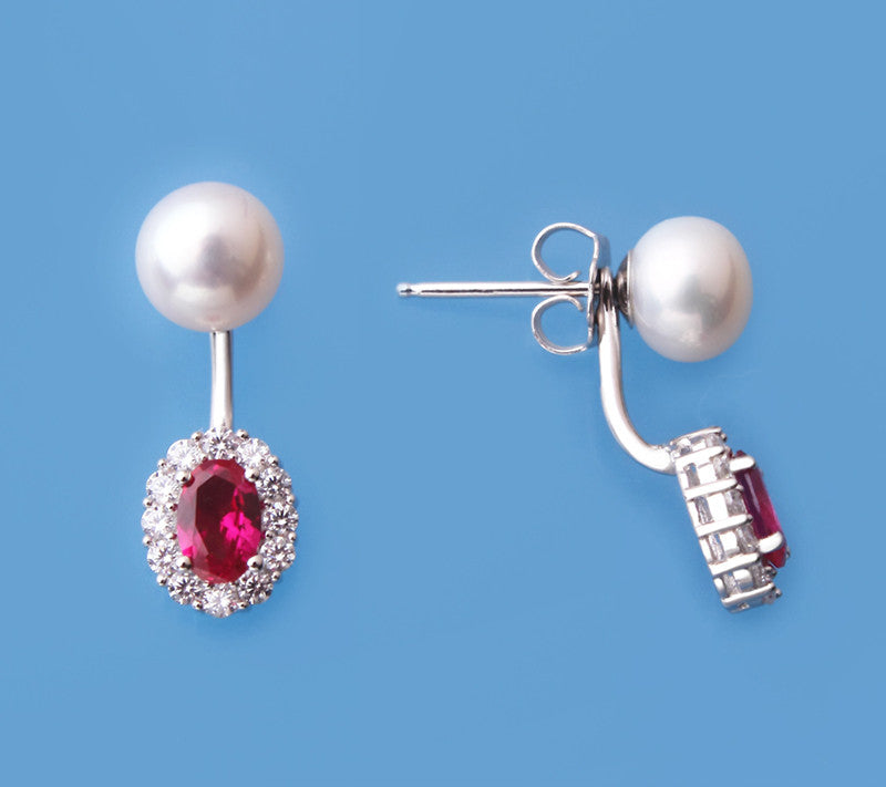Sterling Silver Earrings with 7-7.5mm Button Shape Freshwater Pearl, Red Corundum and Cubic Zirconia - Wing Wo Hing Jewelry Group - Pearl Jewelry Manufacturer