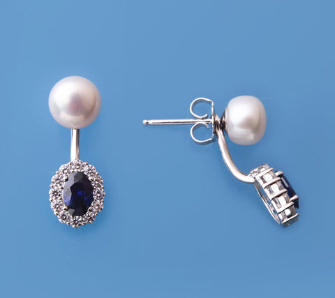 Sterling Silver Earrings with 7-7.5mm Button Shape Freshwater Pearl and Cubic Zirconia