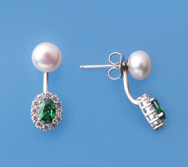 Sterling Silver Earrings with 7-7.5mm Button Shape Freshwater Pearl and Cubic Zirconia - Wing Wo Hing Jewelry Group - Pearl Jewelry Manufacturer