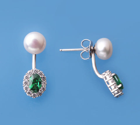 Sterling Silver Earrings with 7-7.5mm Button Shape Freshwater Pearl and Cubic Zirconia