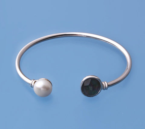 Sterling Silver Bangle with 10-10.5mm Button Shape Freshwater Pearl and Mother of Pearl