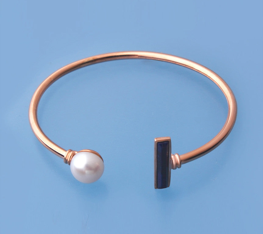 Rose Gold Plated Silver Bangle with 10-10.5mm Button Shape Freshwater Pearl and Lapis Lazuli - Wing Wo Hing Jewelry Group - Pearl Jewelry Manufacturer