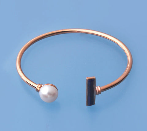 Rose Gold Plated Silver Bangle with 10-10.5mm Button Shape Freshwater Pearl and Lapis Lazuli