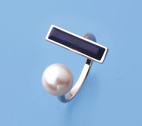 Sterling Silver Ring with 8-8.5mm Button Shape Freshwater Pearl and Lapis Lazuli