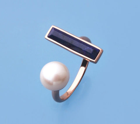 Rose Gold Plated Silver Ring with 8-8.5mm Button Shape Freshwater Pearl and Lapis Lazuli