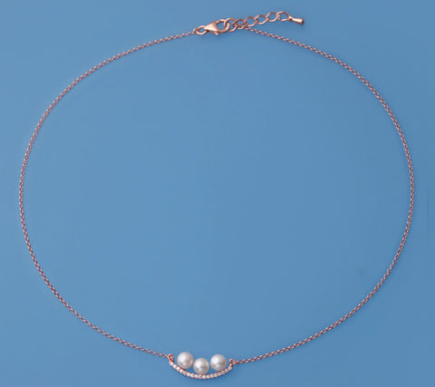 Rose Gold Plated Silver Pendant with 5.5-6mm Round Shape Freshwater Peal and Cubic Zirconia