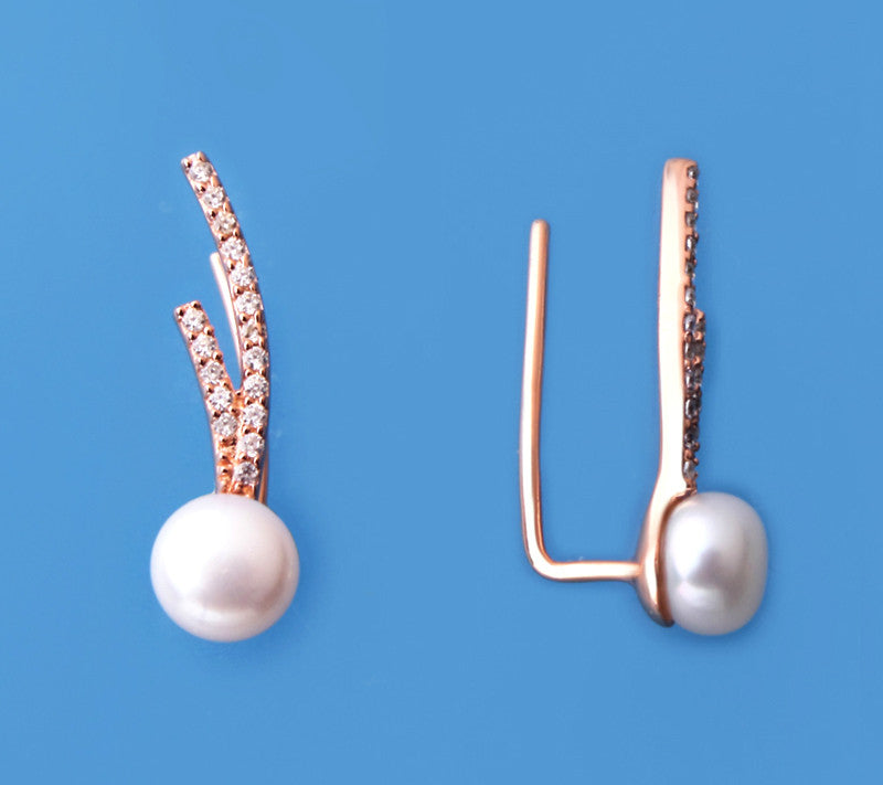 Rose Gold Plated Silver Earrings with 6-6.5mm Button Shape Freshwater Pearl and Cubic Zirconia - Wing Wo Hing Jewelry Group - Pearl Jewelry Manufacturer - 1